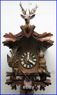 Nice Antique German Black Forest Hunter Deer Deeply Hand Carved Cuckoo Clock