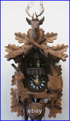 Nice German 2 Tune Swiss Music Dancers Black Forest Hunter Deer Cuckoo Clock