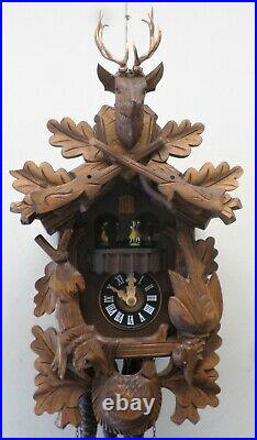 Nice German 2 Tune Swiss Music Dancers Black Forest Hunter Deer Cuckoo Clock