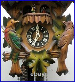 Nice German Black Forest 3 Bird Carved Swiss 2 Tune Music Dancers Cuckoo Clock
