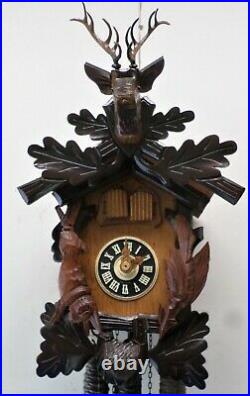 Nice Old German Black Forest Hunter Deer Head Musical Carved Wood Cuckoo Clock