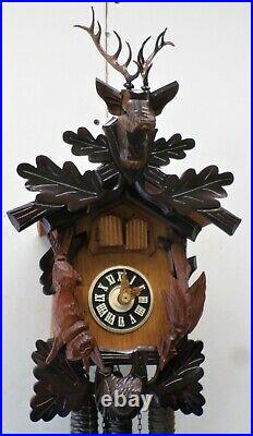 Nice Old German Black Forest Hunter Deer Head Musical Carved Wood Cuckoo Clock