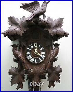 Nice Rare Large Antique German Black Forest 3 Bird Deeply Carved Cuckoo Clock