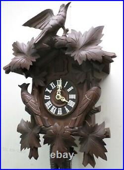 Nice Rare Large Antique German Black Forest 3 Bird Deeply Carved Cuckoo Clock