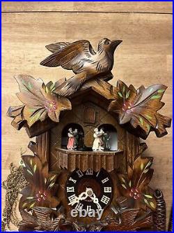 Old German Cuckoo Clock with Birds And Leaves Pendulum, 3 Weights Dancers