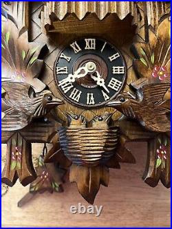 Old German Cuckoo Clock with Birds And Leaves Pendulum, 3 Weights Dancers