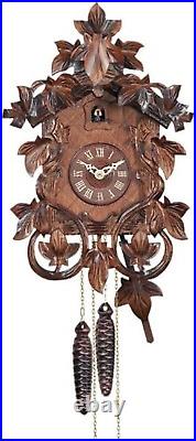One Day Hand-Carved Cuckoo Clock with Intricate Leaves and Vines, 14-Inch Tall