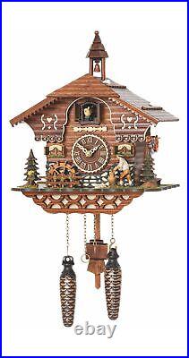 Quartz Cuckoo Clock Black Forest House With Moving Wood Chopper & Mill Wheel Music