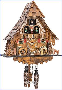 Quartz Cuckoo Clock Black Forest House with Moving Wood Chopper and Mill Wheel