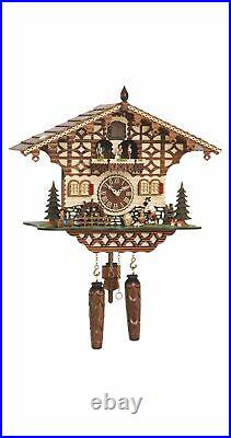 Quartz Cuckoo Clock Black Forest house with moving wood c. TU 4212 QMT HZZG NEW