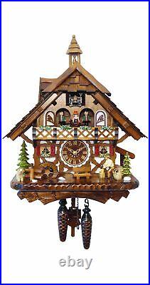 Quartz Cuckoo Clock Black Forest house with moving wood choppe. EN 4491 QMT NEW