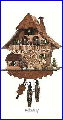 Quartz Cuckoo Clock Black Forest house with moving wood chopper. EN 496 QMT NEW