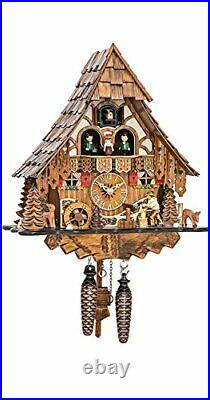 Quartz Cuckoo Clock Black Forest house with moving wood chopper and mill