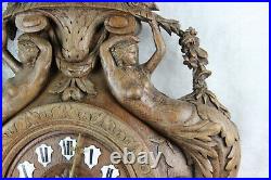 RARE Antique BLACK FOREST wood carved mermaids putti caryatid clock German
