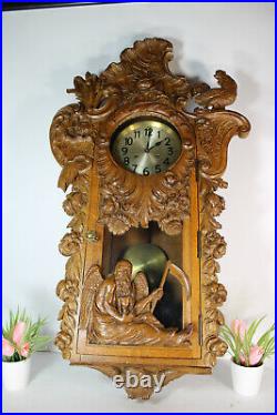 RAre XL Black forest wood carved father time owl rooster junghans wall clock