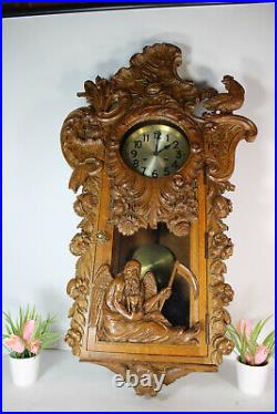 RAre XL Black forest wood carved father time owl rooster junghans wall clock