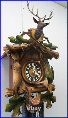 Stunning German Black Forest Hunter Deer Swiss Music Large Wood Cuckoo Clock