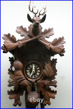 Stunning Large German Black Forest Hunter Deer Swiss Music Wood Cuckoo Clock