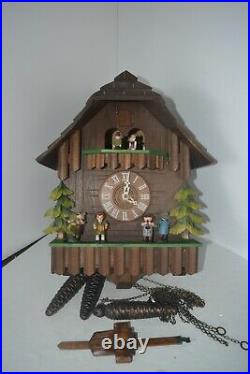 Swiss Wood Carved Shingled Roof Moving Band Dancing Cuckoo Clock