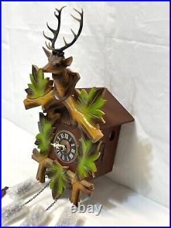 VINTAGE Black Forest Cuckoo Clock Germany DEER HEAD GREEN LEAVES HUNTING