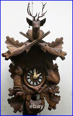 Very Nice German Bavarian Hunter Deer Bachmaier & Klemmer Carved Cuckoo Clock