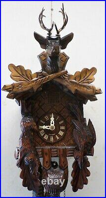 Very Nice German Black Forest Hunter Deer Head Deeply Hand Carved Cuckoo Clock