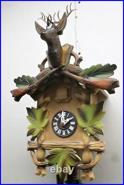 Very Nice Large Black Forest German Hunter Wooden Deer Head Cuckoo Clock