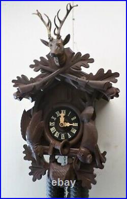 Very Nice Large German Black Forest 8 Day Hunter Deer Hand Carved Cuckoo Clock
