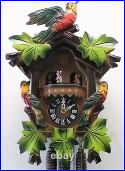 Very Nice Working German Black Forest Swiss Music Dancers 3 Bird Cuckoo Clock