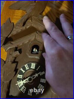 Vintage Black Forest Wood Carved Cuckoo Clock Bird and Leaves