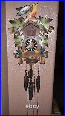 Vintage Cuckoo Clock Black German Forest Wooden Musical Box. Working & Cleaned