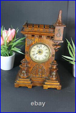 Vintage French wood carved gothic castle form Alarm clock rare