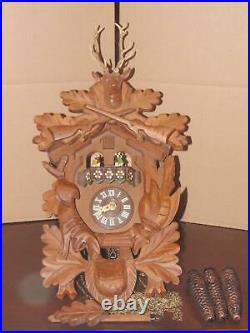 Vintage German Black Forest Cuckoo Clock Hunter Stag Deer Musical One Day