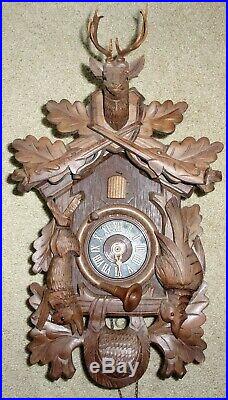 Vintage German Black Forest Cuckoo Clock Hunter Stag Head Carved Wood Ornate