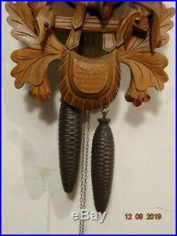Vintage German Black Forest Cuckoo Clock Hunter Stag Head Carved Wood Ornate