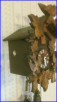 Vintage German Black Forest Wood Carved Birds CUCKOO CLOCK withPine Cone Weights