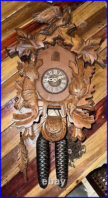 Vintage German Carved Wood Figural Cuckoo Wall Clock W Weights & Pendulum