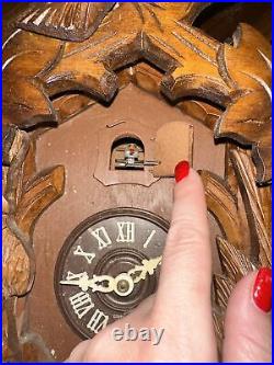 Vintage German Carved Wood Figural Cuckoo Wall Clock W Weights & Pendulum