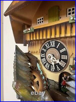 Vintage German Cuckoo Clock Chalet Waterwheel Pine Trees Wood Carved