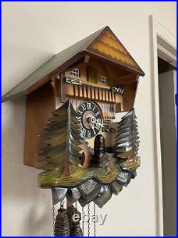 Vintage German Cuckoo Clock Chalet Waterwheel Pine Trees Wood Carved