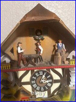 Vintage German Cuckoo Clock Wood Carved Chalet Waterwheel Men Saw and Chopping