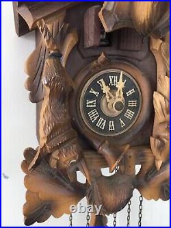Vintage German Wooden Hunter Themed Cuckoo Clock With Chimes & Music