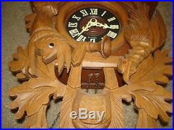 Vintage Large Black Forest Hunter Cuckoo Clock Bird Wood Carving West Germany