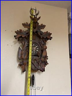 Vintage Large German Black Forest Hunter Deer Stag Rifle Rabbit Cuckoo Clock