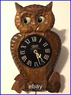 Vintage Owl Kit Kat Clock with Moving Eyes Tezuka Occupied Japan Wood Cuckoo