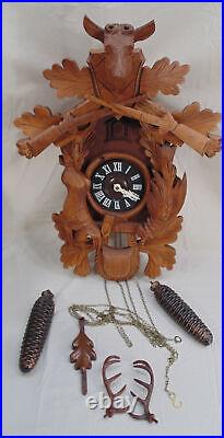 Vintage Regula Cuckoo 8-Day Clock Germany Black Forest Elk Deer Hunter Rifles