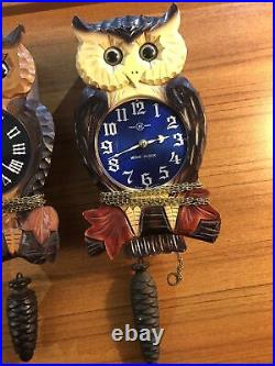 Vintage Tezuka Poppo Wood Owl Cuckoo Clocks And Wink Clock Lot Of 3 Untested