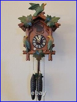 Vintage West German Cuckoo Clock Black Forest Hand Colored Birds Leaves. Working