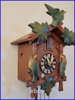 Vintage West German Cuckoo Clock Black Forest Hand Colored Birds Leaves. Working
