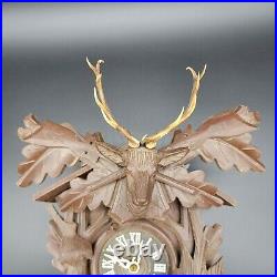Vtg Cuckoo Clock Deer Black Forest German Carved Wood Stag Hunter Parts Repair